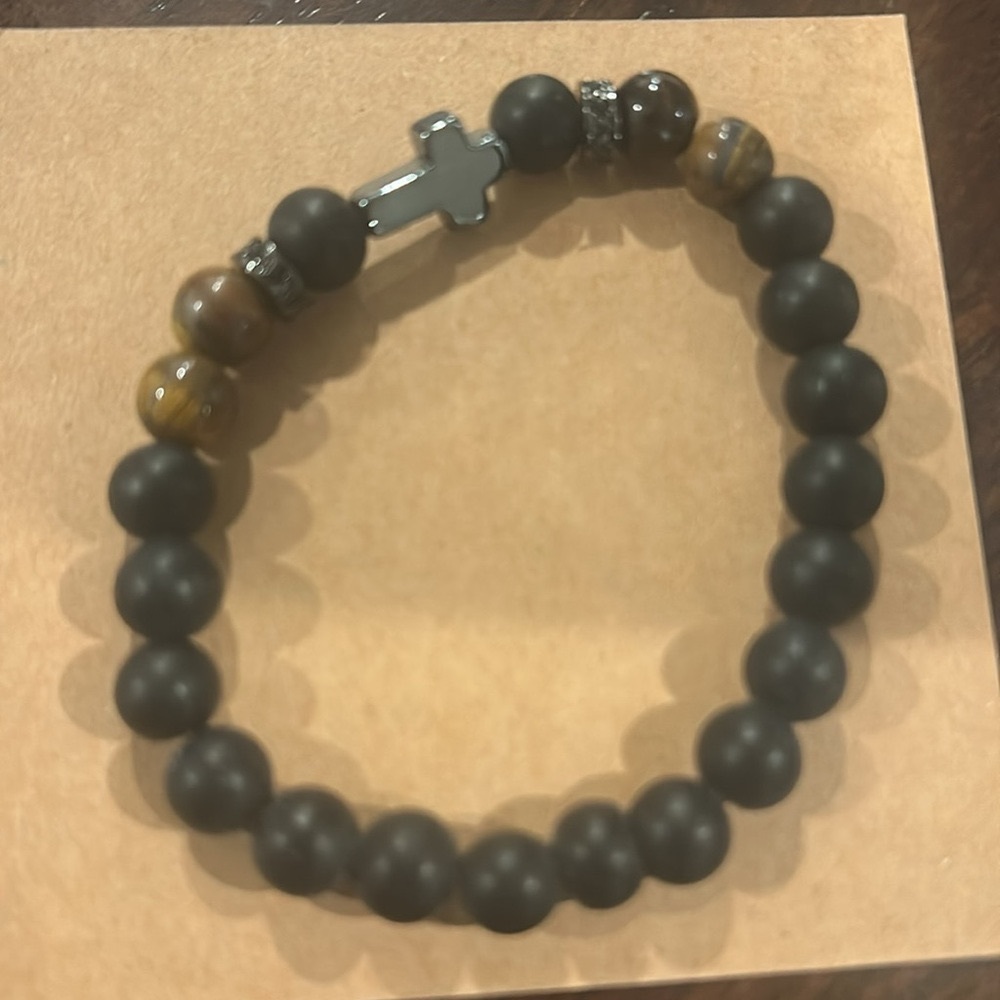 Black and Brown Beaded Bracelet with Cross